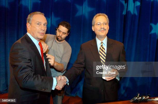 Mayor Michael Bloomberg and Fernando Ferrer shake hands prior to their first televised debate at WABC-TV studios October 30, 2005 in New York City....