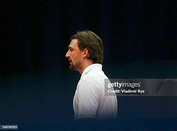 Goran Ivanisevic of Croatia looks on during the final of the Deichmann Champions Trophy against John McEnroe of U.S.A.at the Grugahalle on October...