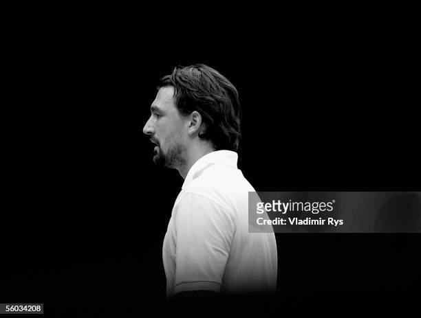 Goran Ivanisevic of Croatia looks on during the final of the Deichmann Champions Trophy against John McEnroe of U.S.A.at the Grugahalle on October...