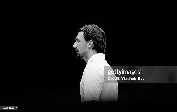 Goran Ivanisevic of Croatia looks on during the final of the Deichmann Champions Trophy against John McEnroe of U.S.A.at the Grugahalle on October...