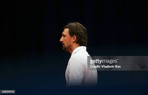 Goran Ivanisevic of Croatia looks on during the final of the Deichmann Champions Trophy against John McEnroe of U.S.A.at the Grugahalle on October...