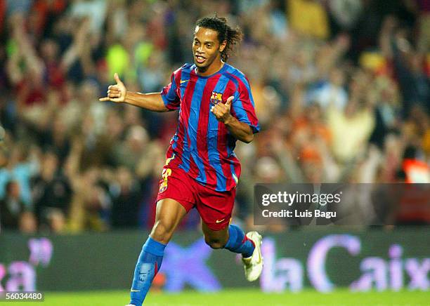 Ronaldinho of FC Barcelona celebrates his goal during the La Liga match between FC Barcelona and Real Sociedad, on October 30, 2005 at the Camp Nou...