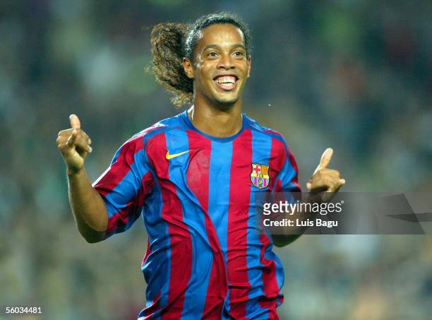 Ronaldinho of FC Barcelona celebrates his goal during the La Liga match between FC Barcelona and Real Sociedad, on October 30, 2005 at the Camp Nou...