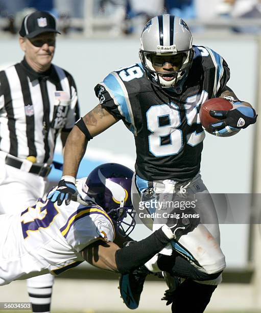 Fred Smoot of the Minnesota Vikings gets beat by Steve Smith of the Carolina Panthers on October 30, 2005 at Bank of America Stadium in Charlotte,...