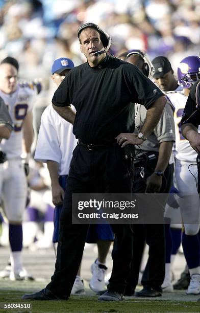 Minnesota Vikings Head Coach Mike Tice watches as his team loses 38-13 to the Carolina Panthers on October 30, 2005 at Bank of America Stadium in...