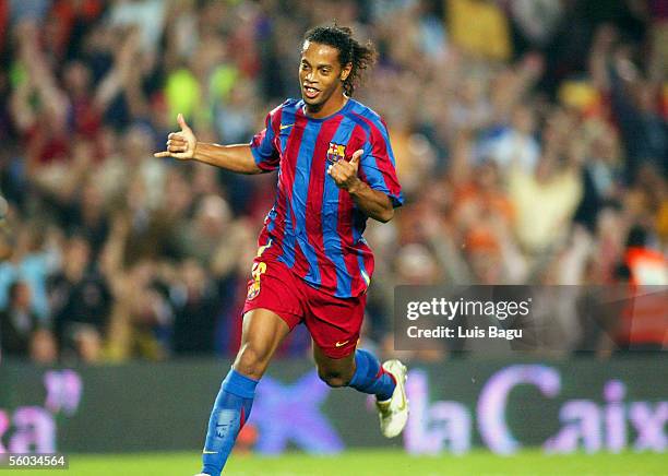 Ronaldinho of FC Barcelona celebrates his goal during the La Liga match between FC Barcelona and Real Sociedad, on October 30, 2005 at the Camp Nou...