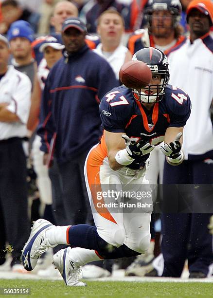 Safety John Lynch of the Denver Broncos intercepts a pass from Donovan McNabb of the Philadelphia Eagles in the second quarter on October 30, 2005 at...