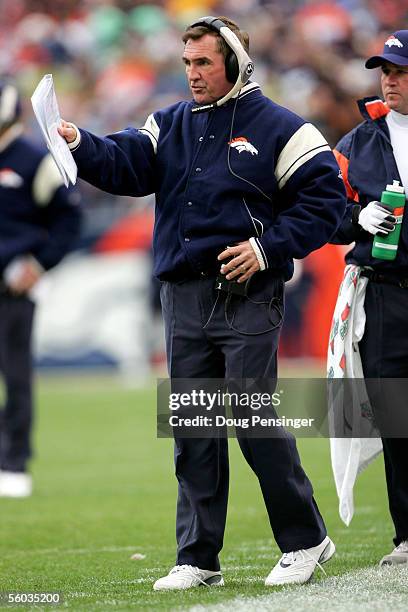 Head coach Mike Shanahan of the Denver Broncos leads his team against the Philadelphia Eagles on October 30, 2005 at Invesco Field at Mile High in...