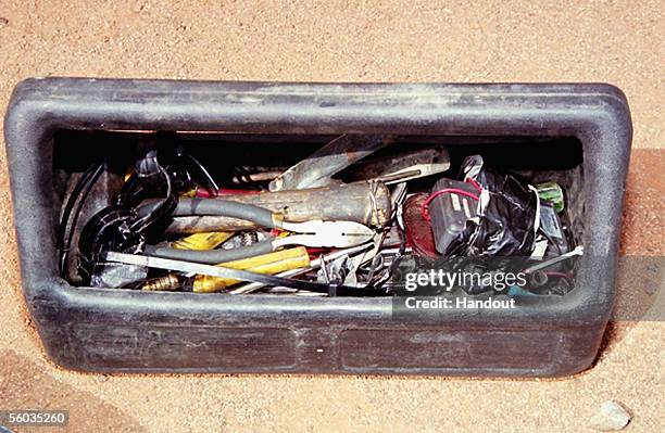 This undated police handout photo shows a toolbox containing cable ties and tape, as is part of evidence presented to the jury during the Falconio...