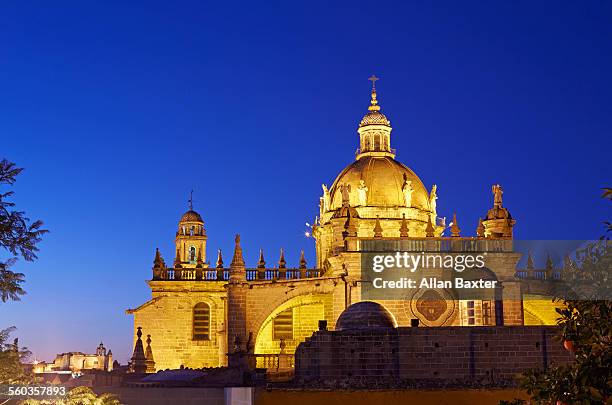 jerez de la frontera cathedral at dusk - jerez de la frontera stock pictures, royalty-free photos & images