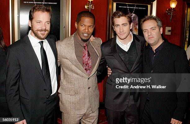 Actors Peter Sarsgaard, Jamie Foxx , Jake Gyllenhaal and director Sam Mendes attend the Universal Pictures Premiere of "Jarhead" on October 30, 2005...