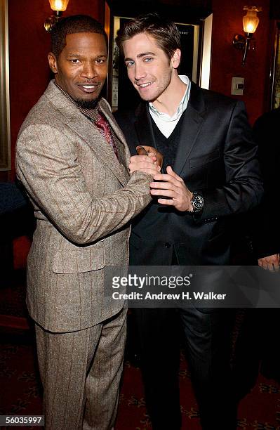 Actor Jamie Foxx and actor Jake Gyllenhaal attend the Universal Pictures Premiere of "Jarhead" on October 30, 2005 in New York City.
