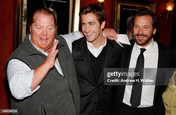 Celebrity chef Mario Batali, actors Jake Gyllenhaal and Peter Sarsgaard attend the Universal Pictures Premiere of "Jarhead" on October 30, 2005 in...