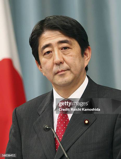 Shinzo Abe, Chief Cabinet Secretary attends a press conference upon his appointment at the Prime Minister official residence on October 31, 2005 in...