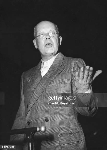 Former SS General Karl Oberg, known as 'the Butcher of Paris', speaking at the trial of Otto Abetz, 18th July 1949. Oberg was sentenced to death but...