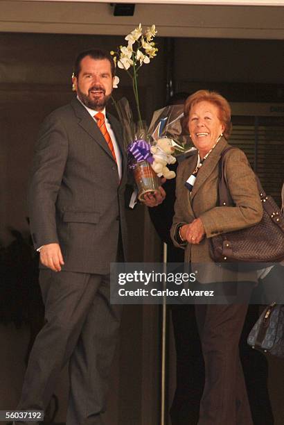 Menchu Alvarez, grandmother of Spain's Princess Letizia, and Jesus Ortiz, the princess' father leave after a visit at the Ruber clinic where Letizia...