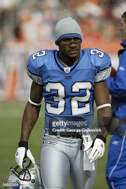Defensive back Dre Bly of the Detroit Lions leaves the field after the first half of a game against the Cleveland Browns at Cleveland Browns Stadium...