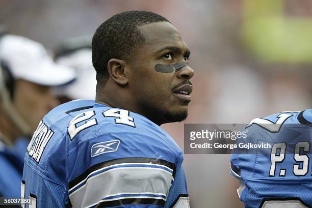 Running back Shawn Bryson of the Detroit Lions on the sideline during a game against the Cleveland Browns at Cleveland Browns Stadium on October 23,...