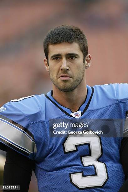 Quarterback Joey Harrington of the Detroit Lions on the sideline during a game against the Cleveland Browns at Cleveland Browns Stadium on October...