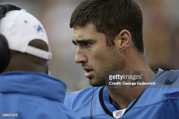 Quarterback Joey Harrington of the Detroit Lions on the sideline during a game against the Cleveland Browns at Cleveland Browns Stadium on October...