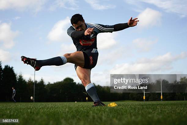 Dan Carter kicks during the All Black training at the University of Glamorgan rugby grounds October 31, 2005 in Cardiff, Wales.