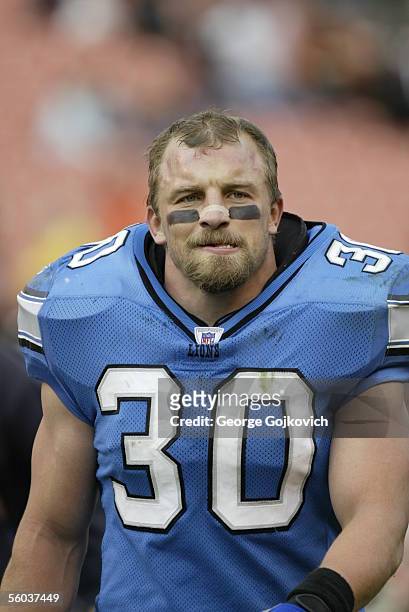Fullback Cory Schlesinger of the Detroit Lions on the sideline during a game against the Cleveland Browns at Cleveland Browns Stadium on October 23,...
