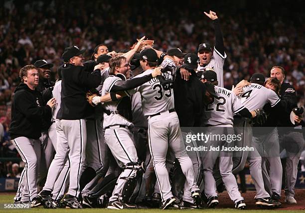 The Chicago White Sox celebrate after winning Game Four of the 2005 Major League Baseball World Series against the Houston Astros at Minute Maid Park...