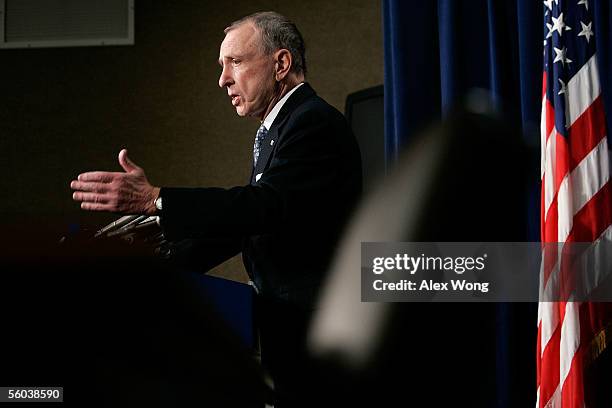 Senator Arlen Specter speaks on the nomination of Samuel Alito to the Supreme Court during a news briefing on Capitol Hill October 31, 2005 in...