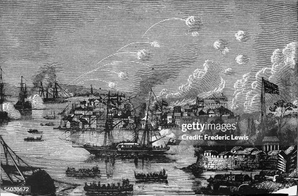 View of the British bombardment of the treaty port of Canton during the Second Opium War, Canton, China, 1850s.