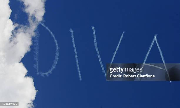 Sky writer shows his support for Glen Boss on Makybe Diva during the The Melbourne Cup at Flemington Racecourse November 1, 2005 in Melbourne,...