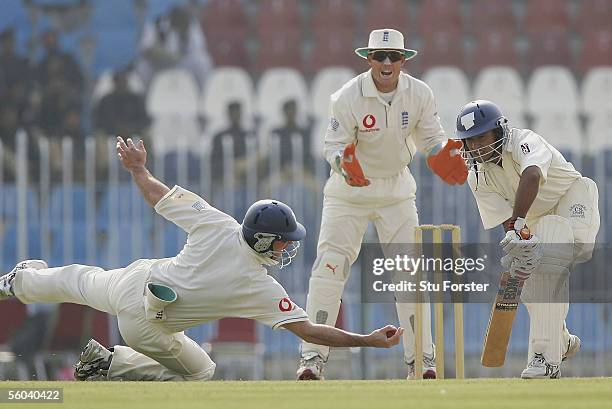 Patrons batsman Yasir Arafat is caught by Fielder Andrew Strauss off the bowling of Shaun Udal for 16 during the second day of the three day game...