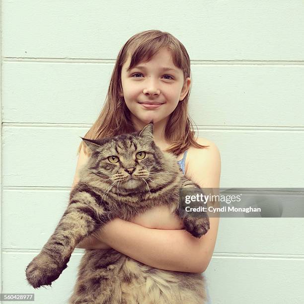 girl hugging cat - maine coon cat imagens e fotografias de stock