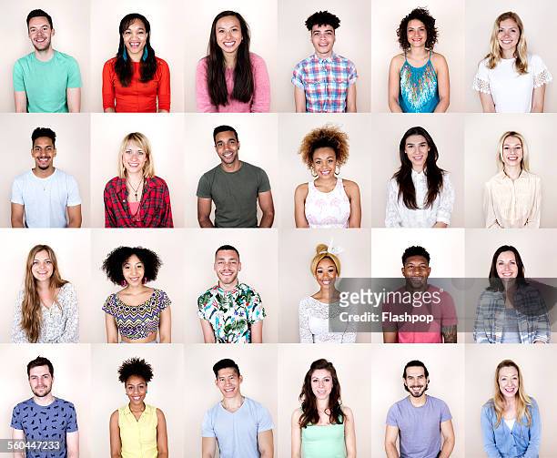 group portrait of people smiling - multiracial group stock-fotos und bilder