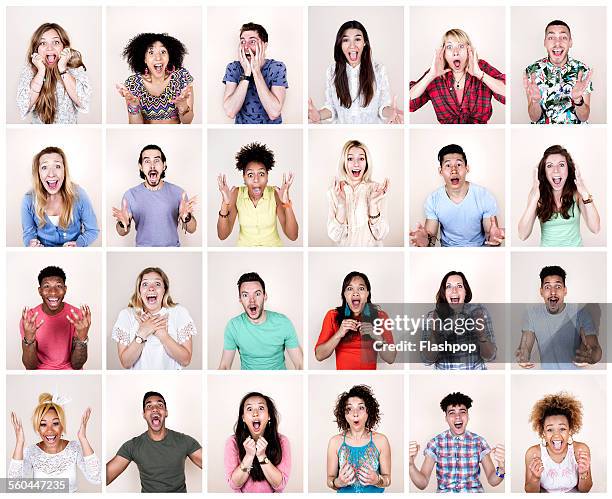 group portrait of people looking surprised - verrassing stockfoto's en -beelden