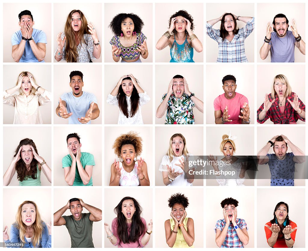 Group portrait of people with shocked expressions