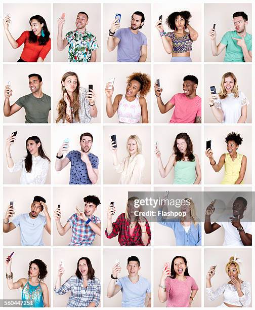 group portrait of people taking a selfie - taking selfie white background stock pictures, royalty-free photos & images