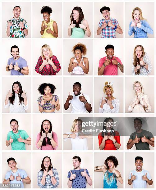 group of people giving a thumbs up - happy woman thumbs studio stock-fotos und bilder