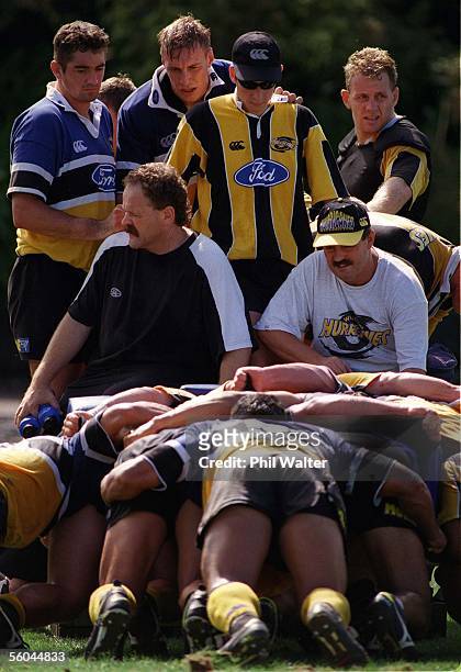 The Wellington Hurricanes practice their scrum during their training session at Eden Park No2 ground in Auckland today.