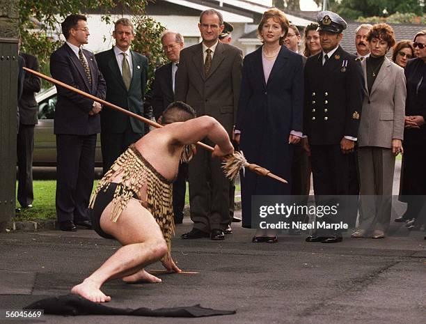 Irish president Mary McAleese and her husband Dr Martin McAleese get more than they bargained for as a maori Warrior looses his skirt , during the...