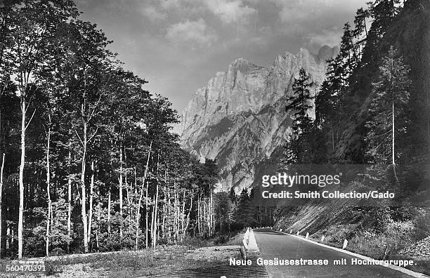 Road through the mountains, pine forests and high peaks, Neue Gessusestrasse, Germany, 1936.