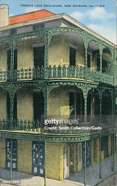 Ornamental wrought iron work and grills on a three story building, New Orleans, Louisiana, 1930.
