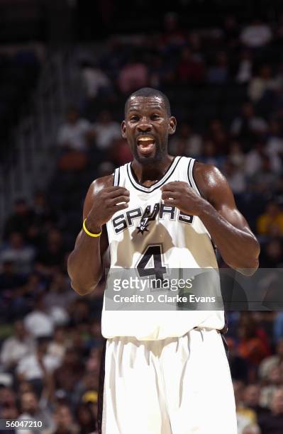 Michael Finley of the San Antonio Spurs reacts during the preseason game against the Indiana Pacers at SBC Center on October 25, 2005 in San Antonio,...