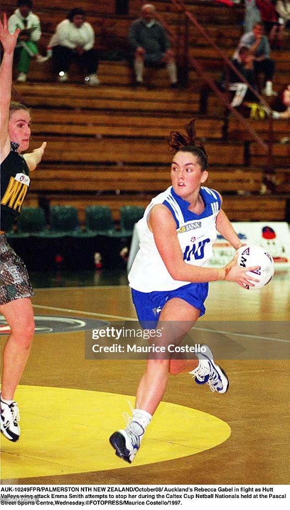Auckland's Rebecca Gabel in flight as Hutt Valleys