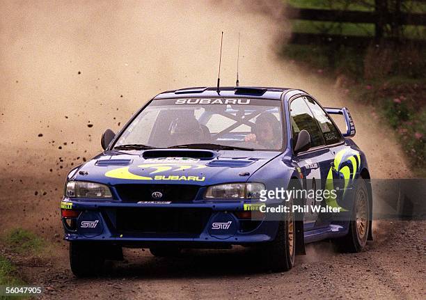 Colin McRae manouvers his Subaru Impreza through Shanks Rd with codriver Nicky Grist during the Shakedown for seeded drivers held on Shanks Road in...
