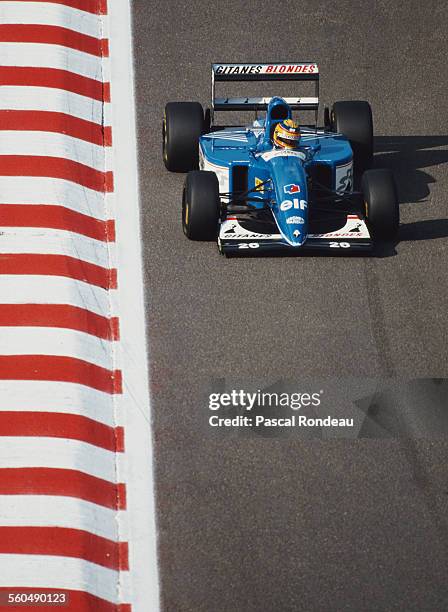 Mark Blundell of Great Britain drives the Ligier Gitanes Blondes Ligier JS39 Renault V10 during the Belgian Grand Prix on 29 August 1993 at the...