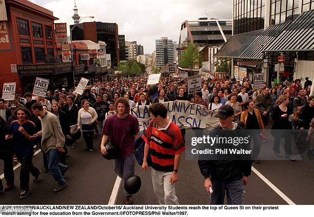 Auckland University Students reach the top of Queen St on their protest rmarch asking for free education from the Government.