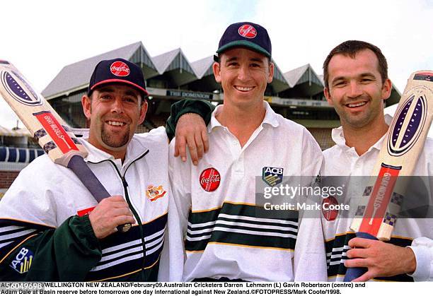 Australian Cricketers Darren Lehmann Gavin Robertson and Adam Dale at Basin reserve before tomorrows one day international against New Zealand.