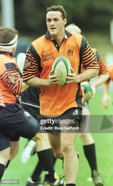 Former New Zealander, Scotland's Martin Leslie at training in Edinburgh, Monday, for the quarter final playoff against Manu Samoa, Wednesday in the...