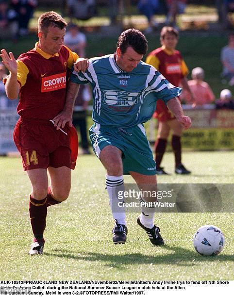MelvilleUnited's Andy Irvine trys to fend off Nth Shore rUnited's Jason Collett during the National Summer Soccer League match held rat the Allen...