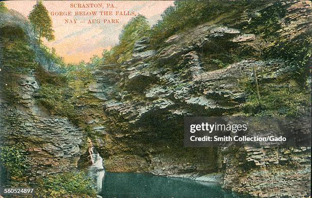 Gorge below the falls, with rocks and pool of water, depicted as it appears in May or August, Scranton, Pennsylvania, 1930.